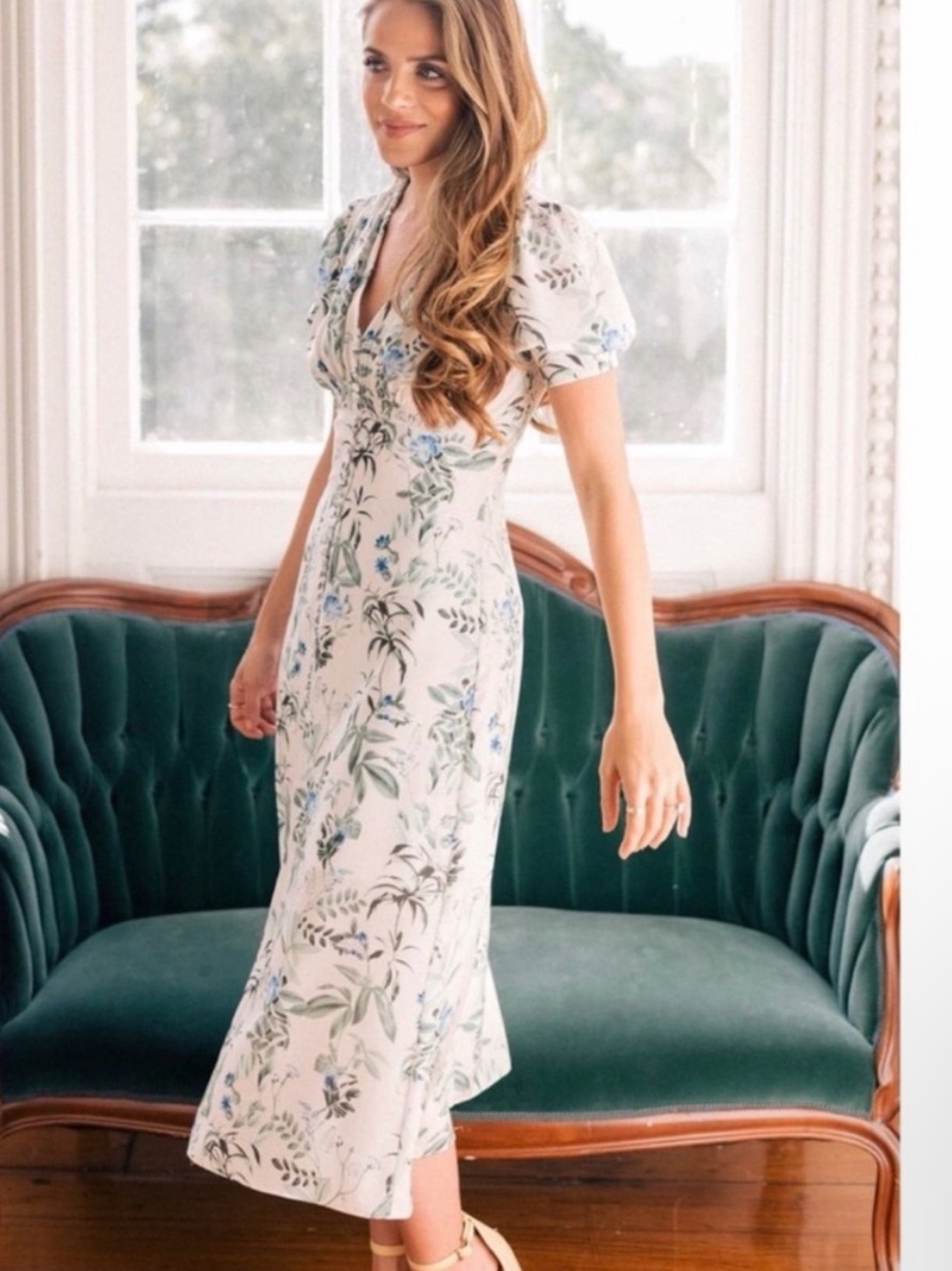 Gal Meets Glam Lauren Botanical Garden Dress floral blue green white satin midi
